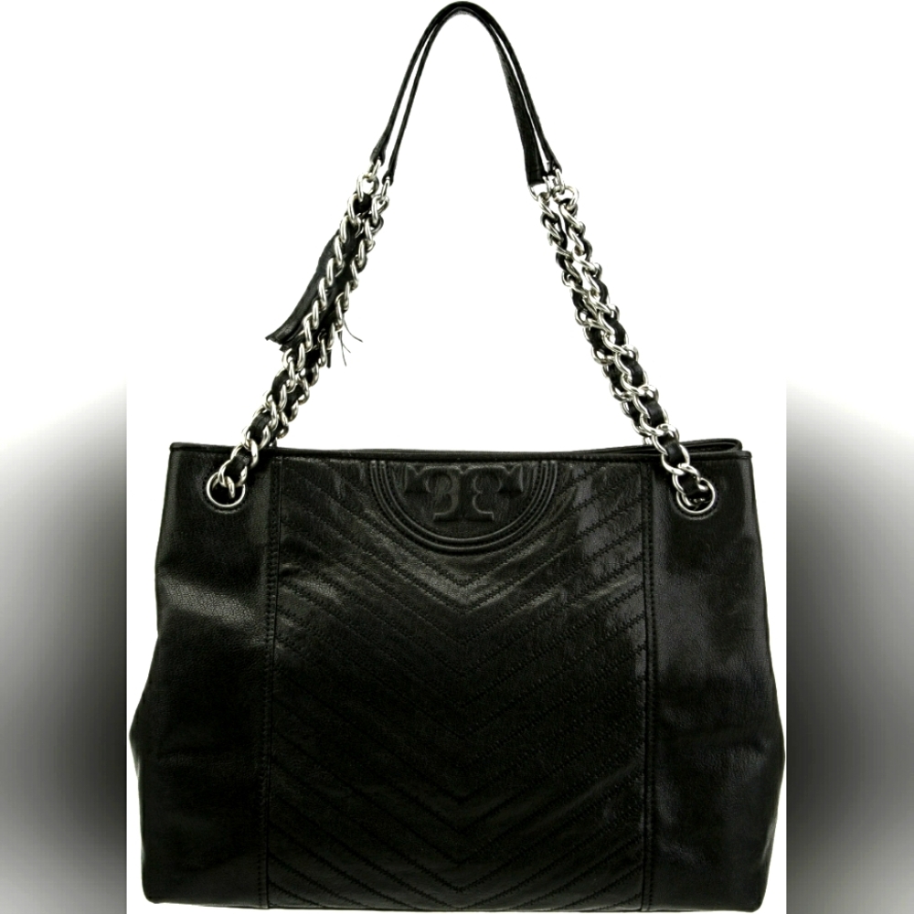 Tory Burch Leather Fleming Black Metallic Chain leather Shoulder Purse tote bag